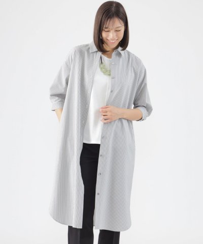 【吸水速乾】【防しわ】【ウォッシャブル】コードレーンストライプシャツワンピース