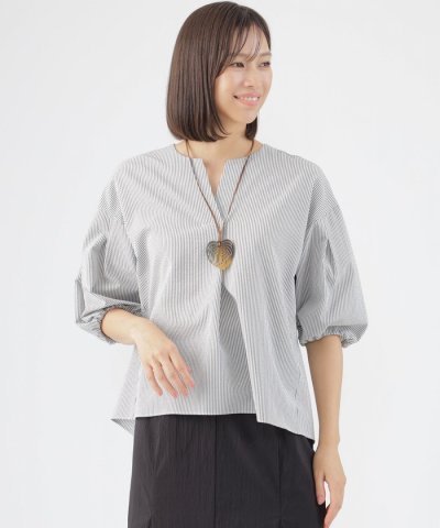【吸水速乾】【防しわ】【ウォッシャブル】コードレーンストライププルオーバーブラウ