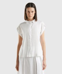BENETTON (women)(ベネトン（レディース）)/リネン100％ラウンドヘムフレンチスリーブシャツ・ブラウス/ホワイト