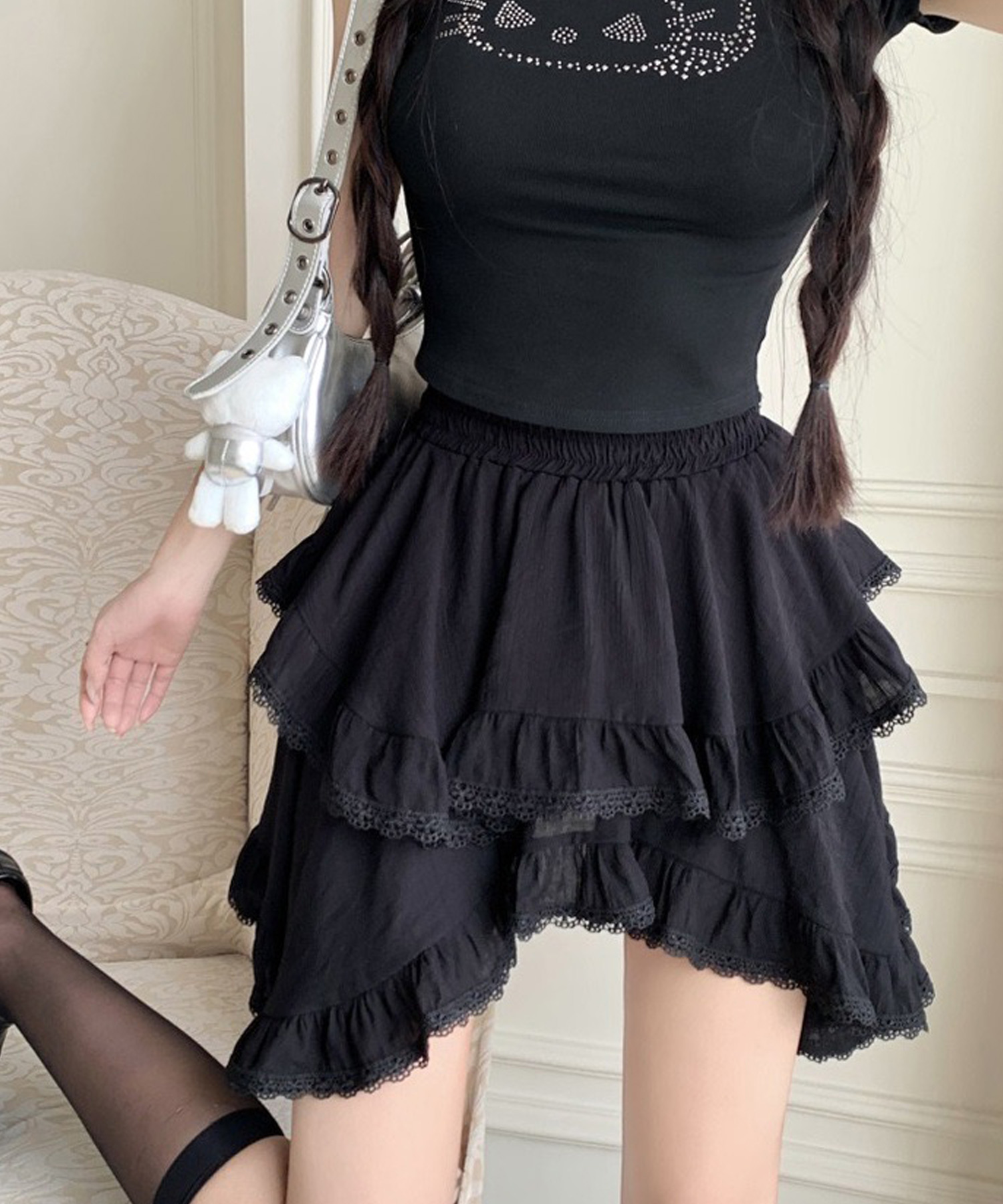 セール】ハイウエスト ティアード レースミニスカート【即納】 韓国  