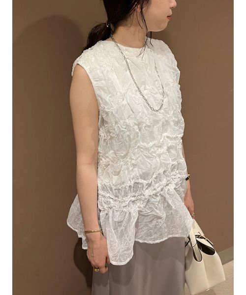 トップス　シャーリングシアーレイヤード Mila Owen]シャーリングシアーレイヤードトップス【マシーン