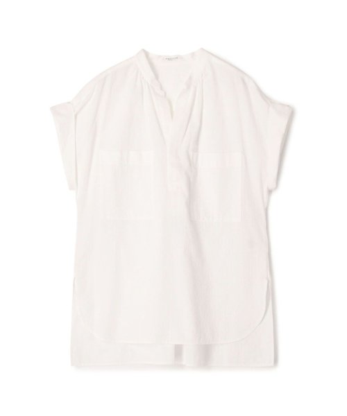 コットンドビーストライプ バンドカラーブラウス 