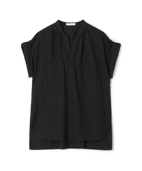 コットンドビーストライプ バンドカラーブラウス 