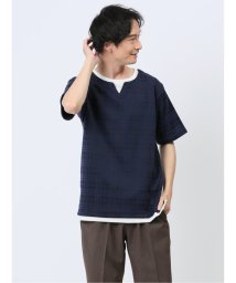 TAKA-Q/ふくれジャガード フェイクキーネック半袖Tシャツ/506360330