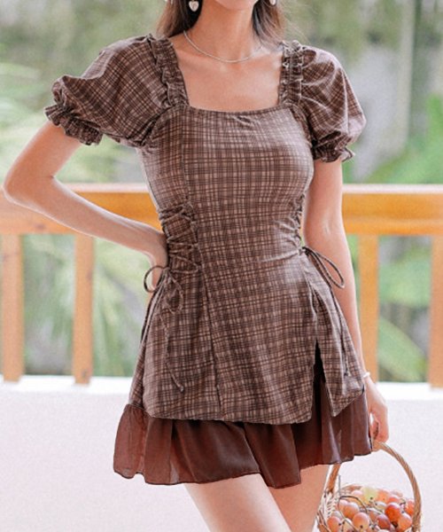 セール】【2点セット】パンツ付き パフスリーブ チェック柄 スイム  