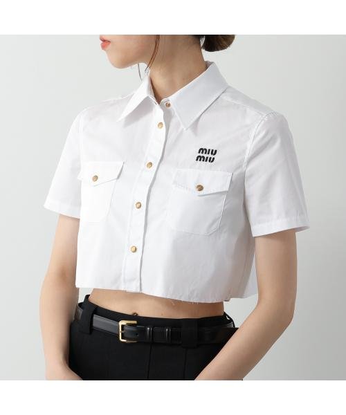 セール】MIUMIU ポプリンシャツ MK1829 10RG 半袖 ロゴ刺繍(506425283 