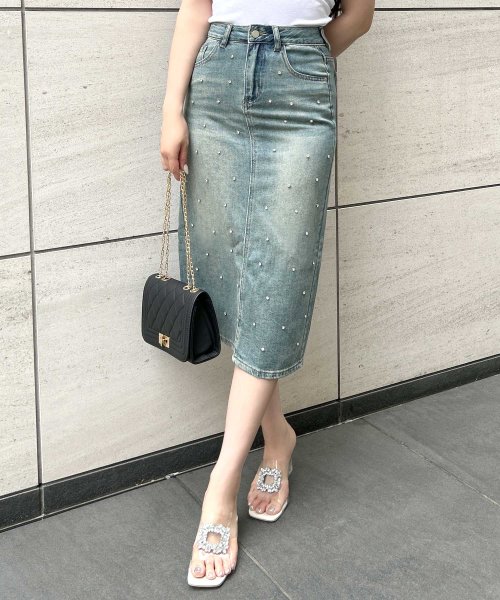セール】S－Lサイズ ビジュー付きデニムタイトスカート[24133  