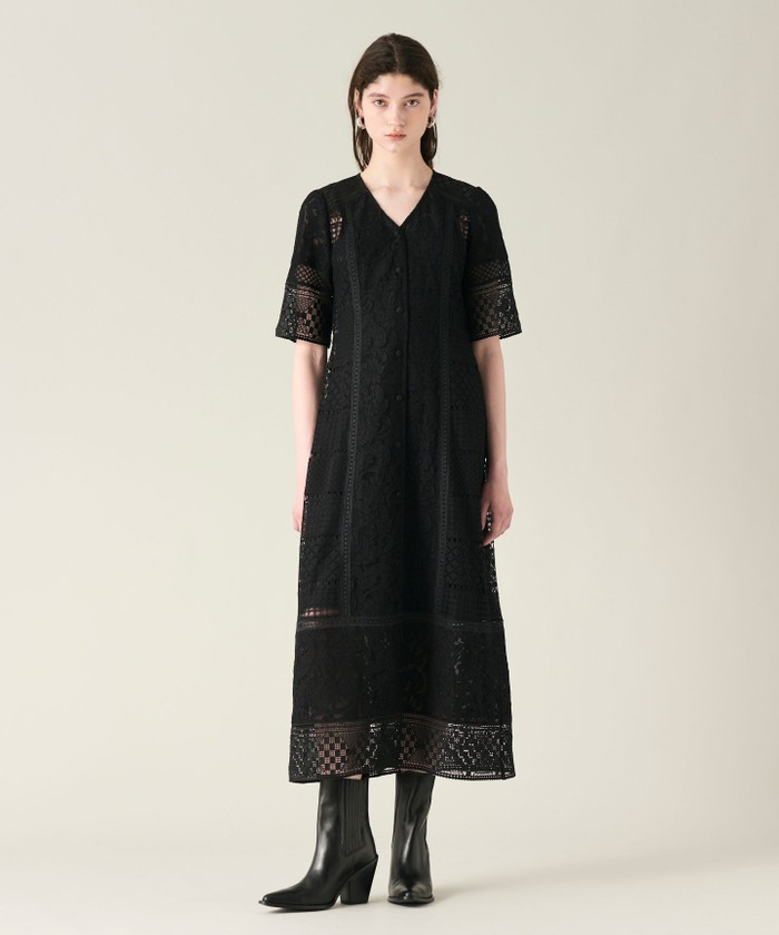 GRACECONTINENTAL コンビレースVネックワンピース ブラック 36 GRACECONTINENTAL コンビレースVネックワンピース ブラック 36