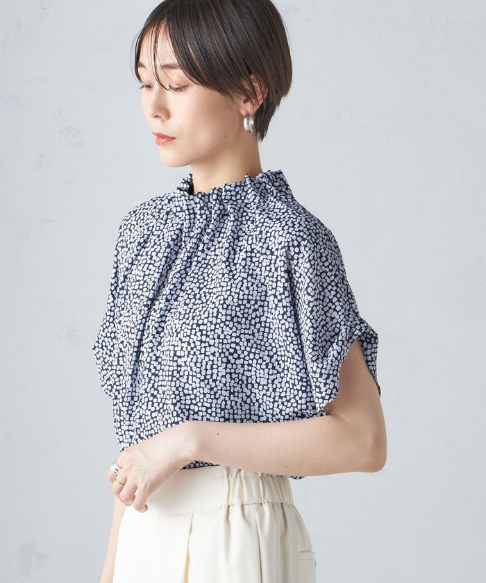 手洗い可能〉ネック ギャザー プリント ドルマン ブラウス(506014237  