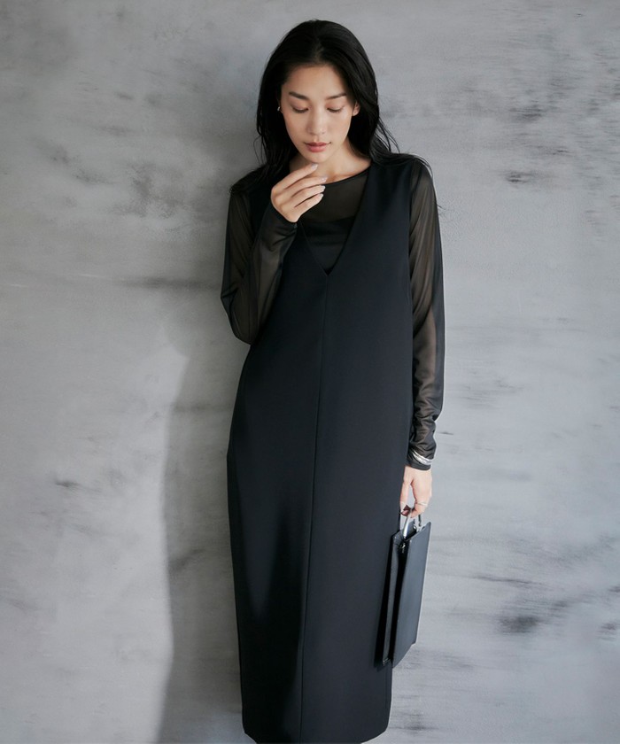 現行品ICB【洗える】ライトダブルクロス Vネックワンピース ジャンパースカート 洗える】ライトダブルクロス Vネックワンピース(506696114