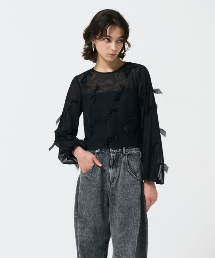 GRACECONTINENTAL リボンチュールトップ ブラック 36 GRACECONTINENTAL リボンチュールトップ ブラック 36