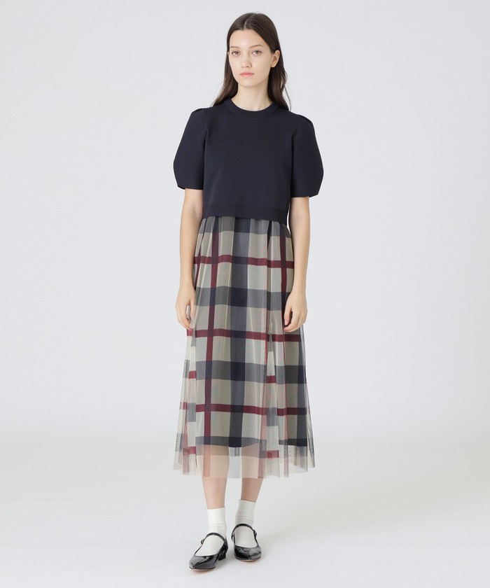美人百花コラボブルーレーベルクレストブリッジチュールニットセットアップ【美品】 美人百花コラボ】クレストブリッジチェックチュールニットセットアップ