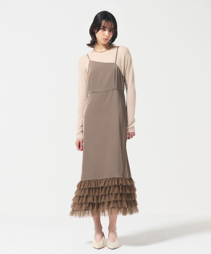 GRACECONTINENTAL フリルチュールサテンキャミワンピース ブラウン 36 GRACECONTINENTAL フリルチュールサテンキャミワンピース ブラウン 36