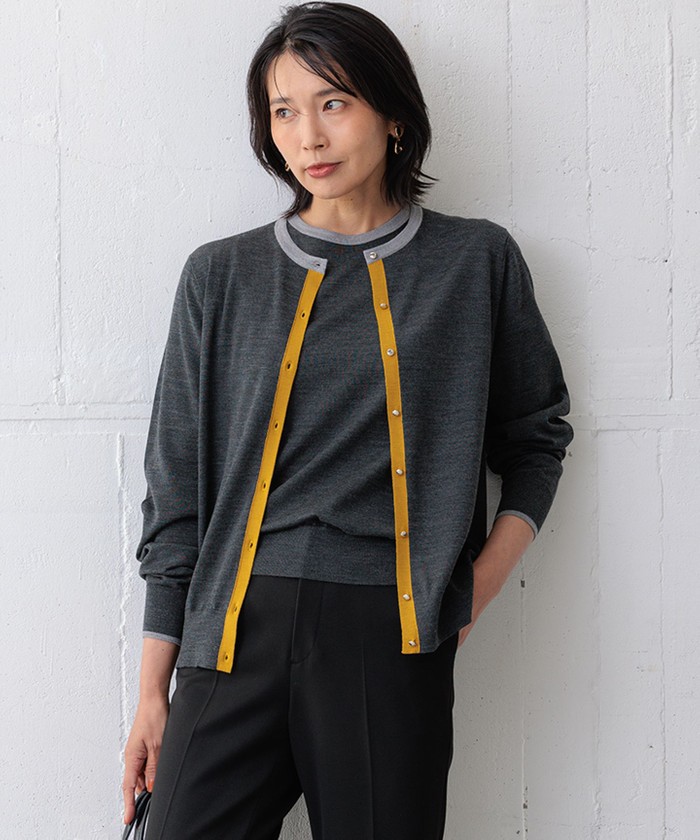 23区Ｌウールバイカラーカーディガンアンサンブル　サイズ４４　グレー✖️ブルー 洗える】サステナブルウール Vネック バイカラー カーディガン / 23区