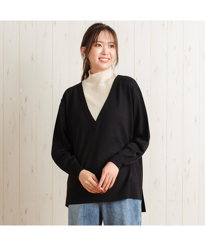 Vネック＋ハイネック・レイヤード風ニットトップス(506860209)｜阪急