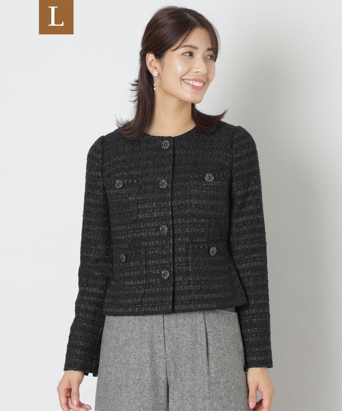 L】ファンシーツイード ノーカラージャケット(506966620)｜阪急百貨店
