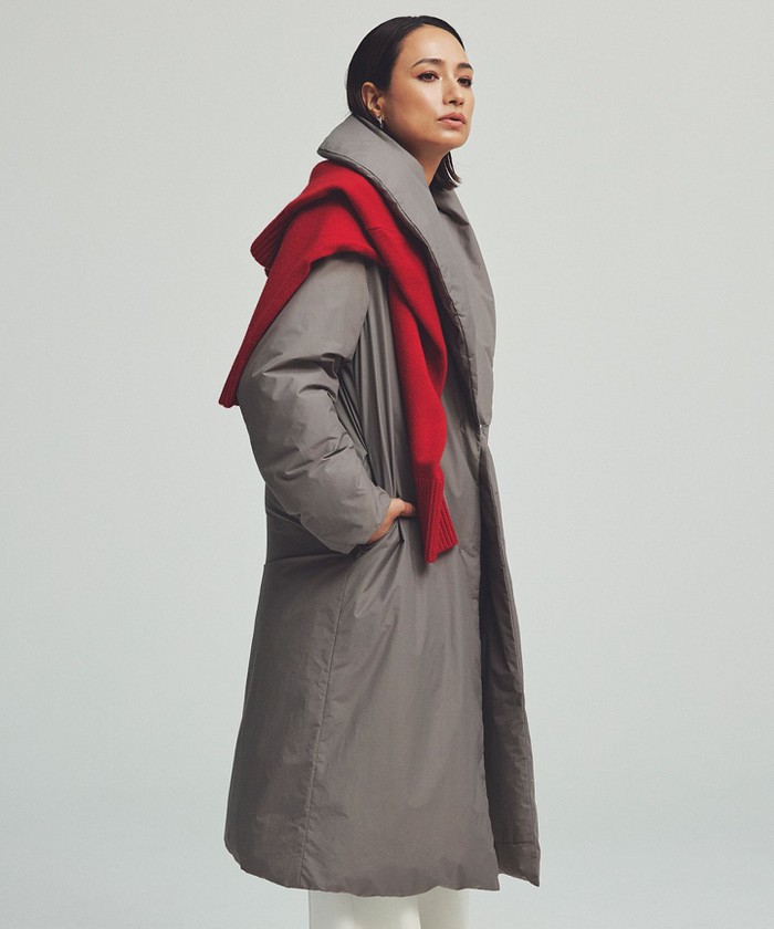 ✧美品【自由区】ショールカラーダウンロングコート44 カーキ　大きいサイズ 自由区 L | L size ONWARD(大きいサイズ) / エルサイズオンワード