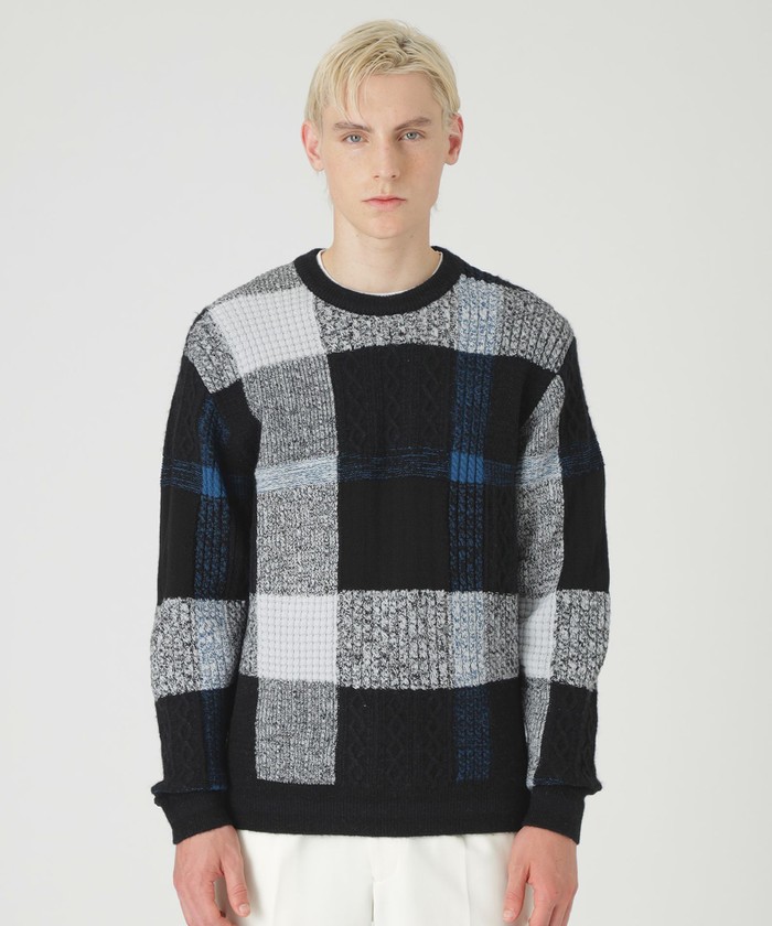 ブラックレーベルクレストブリッジ プルオーバーニット クレストブリッジチェックM パッチワーククレストブリッジチェックニット（ニットウェア）｜BLACK