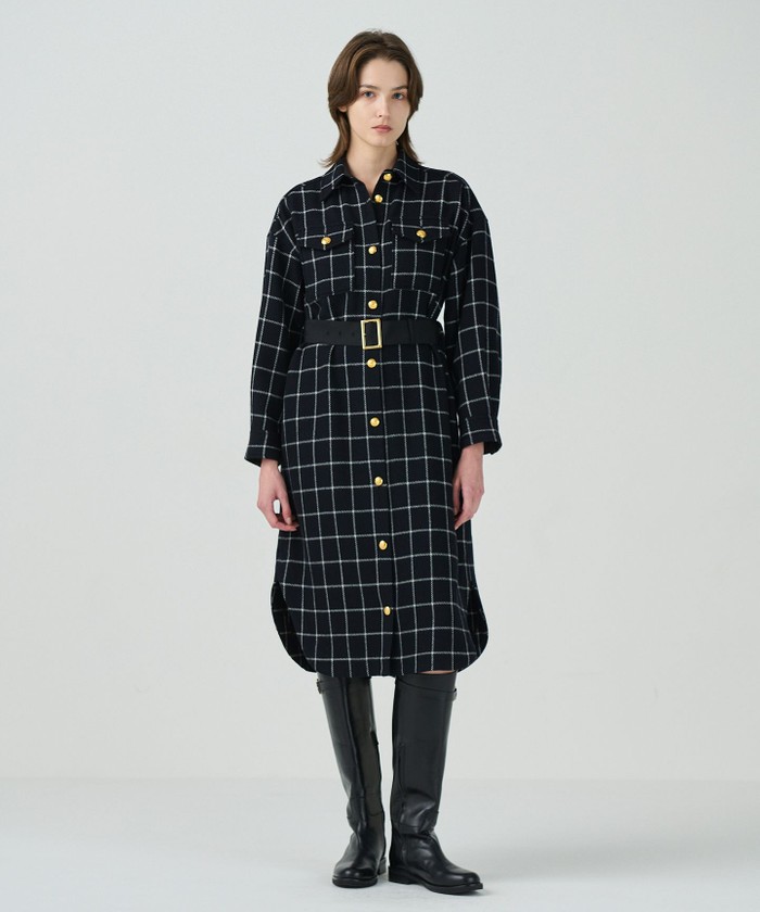 GRACECONTINENTAL ウールチェックシャツワンピース ネイビー 36 GRACECONTINENTAL ウールチェックシャツワンピース ネイビー 36