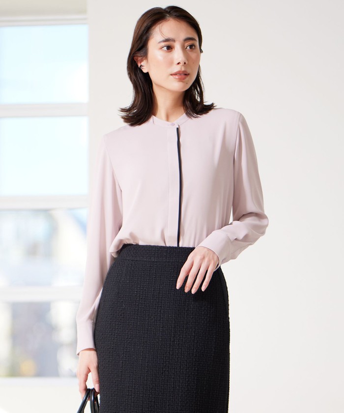 ICB BackSatinAmunzen バンドカラーブラウス 美品 UVケア・速乾・洗える】BackSatinAmunzen バンドカラーブラウス