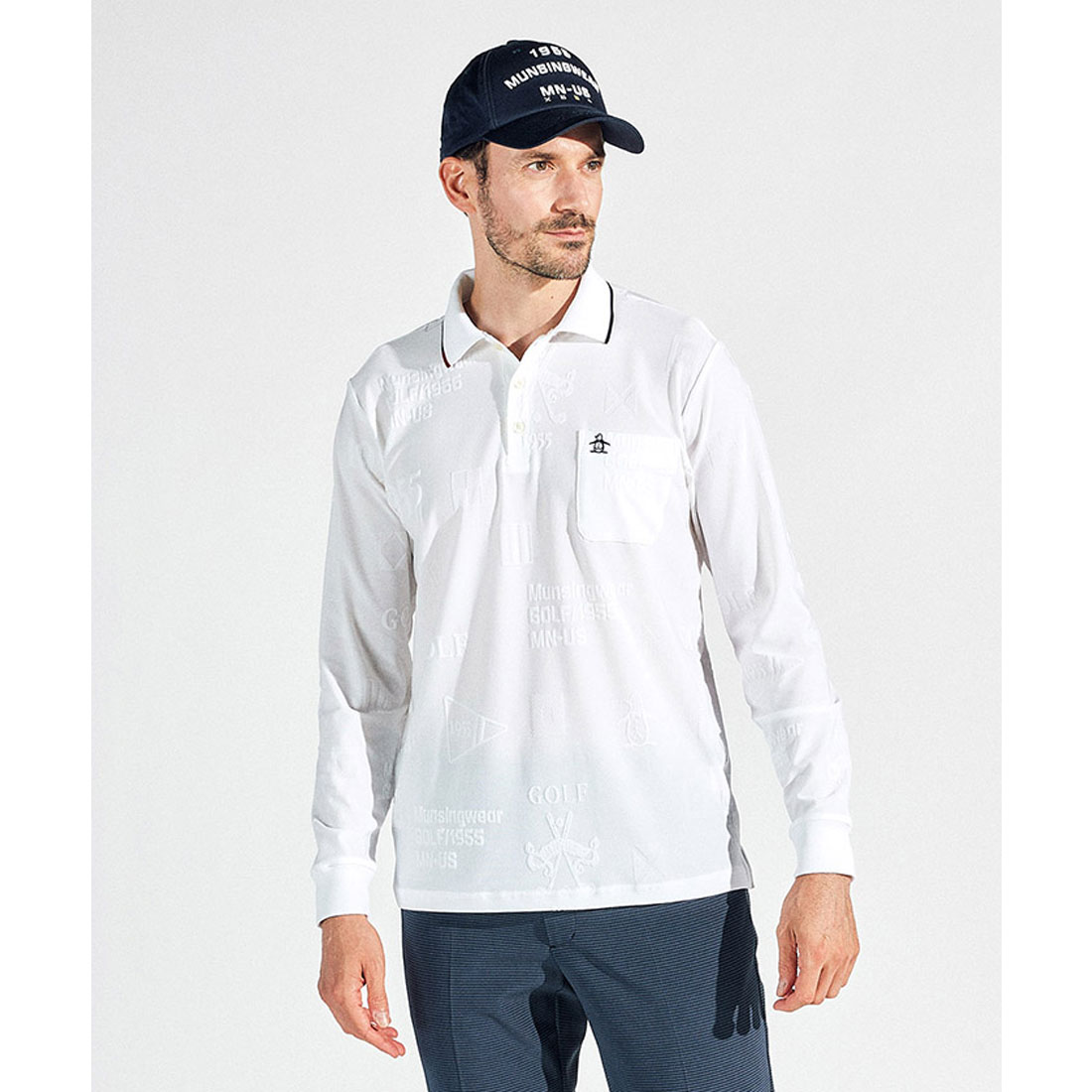 Munsingwear(ings) ストレッチリンクスジャガード長袖ポロシャツ ホワイト 3L Munsingwear(ings) ストレッチリンクスジャガード長袖ポロシャツ ホワイト 3L