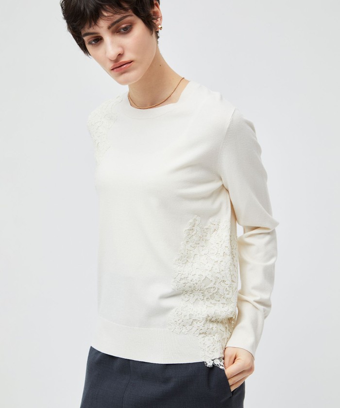 BEIGE 【洗える】WILLOW / アシンメトリーレースクルーネックニット ECRU×ECRU 4 BEIGE 【洗える】WILLOW / アシンメトリーレースクルーネックニット ECRU×ECRU 4