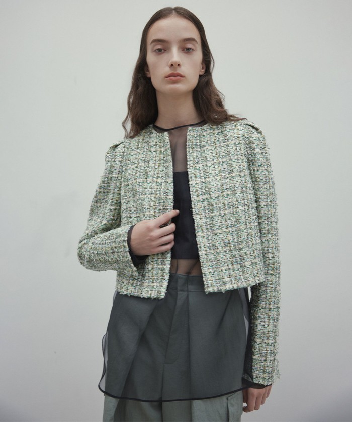 BEIGE TEASEL / ノーカラーツイードショートジャケット GREENMIX 4 BEIGE TEASEL / ノーカラーツイードショートジャケット GREENMIX 4