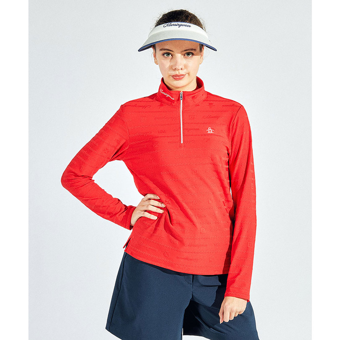 Munsingwear(ings) 吸汗速乾地柄ジャカード長袖ジップアップシャツ レッド M Munsingwear(ings) 吸汗速乾地柄ジャカード長袖ジップアップシャツ レッド M