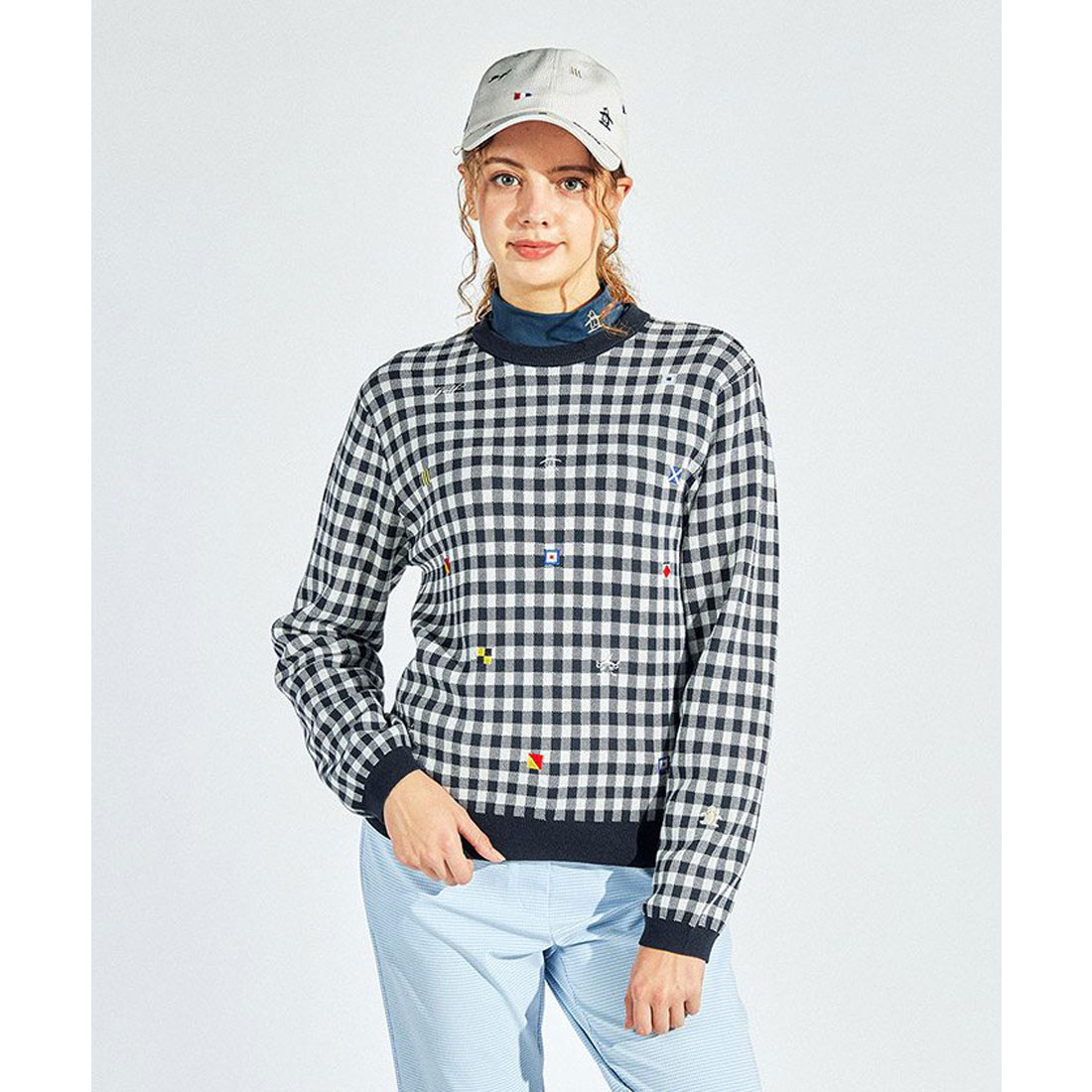 Munsingwear(ings) ギンガムチェック+飛び刺繍クルーネックセーター ネイビー M Munsingwear(ings) ギンガムチェック+飛び刺繍クルーネックセーター ネイビー M