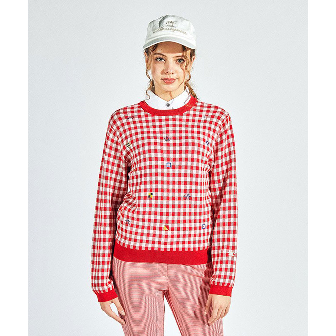 Munsingwear(ings) ギンガムチェック+飛び刺繍クルーネックセーター レッド L Munsingwear(ings) ギンガムチェック+飛び刺繍クルーネックセーター レッド L