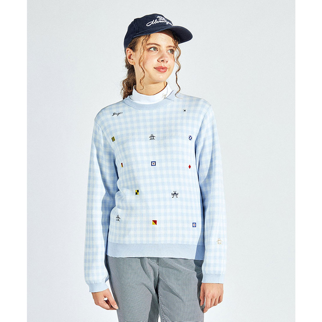 Munsingwear(ings) ギンガムチェック+飛び刺繍クルーネックセーター サックス L Munsingwear(ings) ギンガムチェック+飛び刺繍クルーネックセーター サックス L
