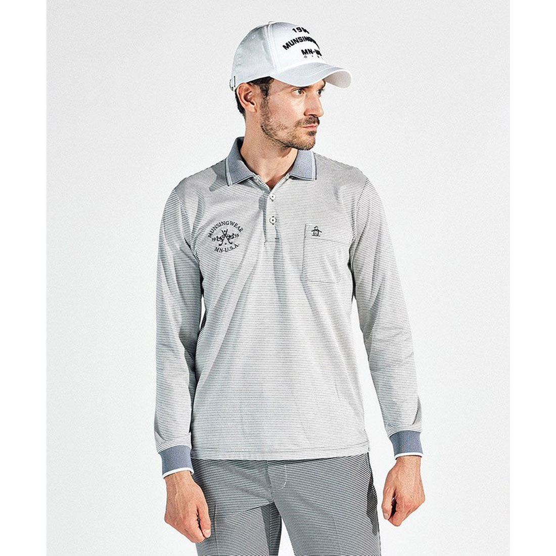 Munsingwear(ings) 吸汗速乾ハイゲージバーズボーダー長袖ポロシャツ ネイビー L Munsingwear(ings) 吸汗速乾ハイゲージバーズボーダー長袖ポロシャツ ネイビー L