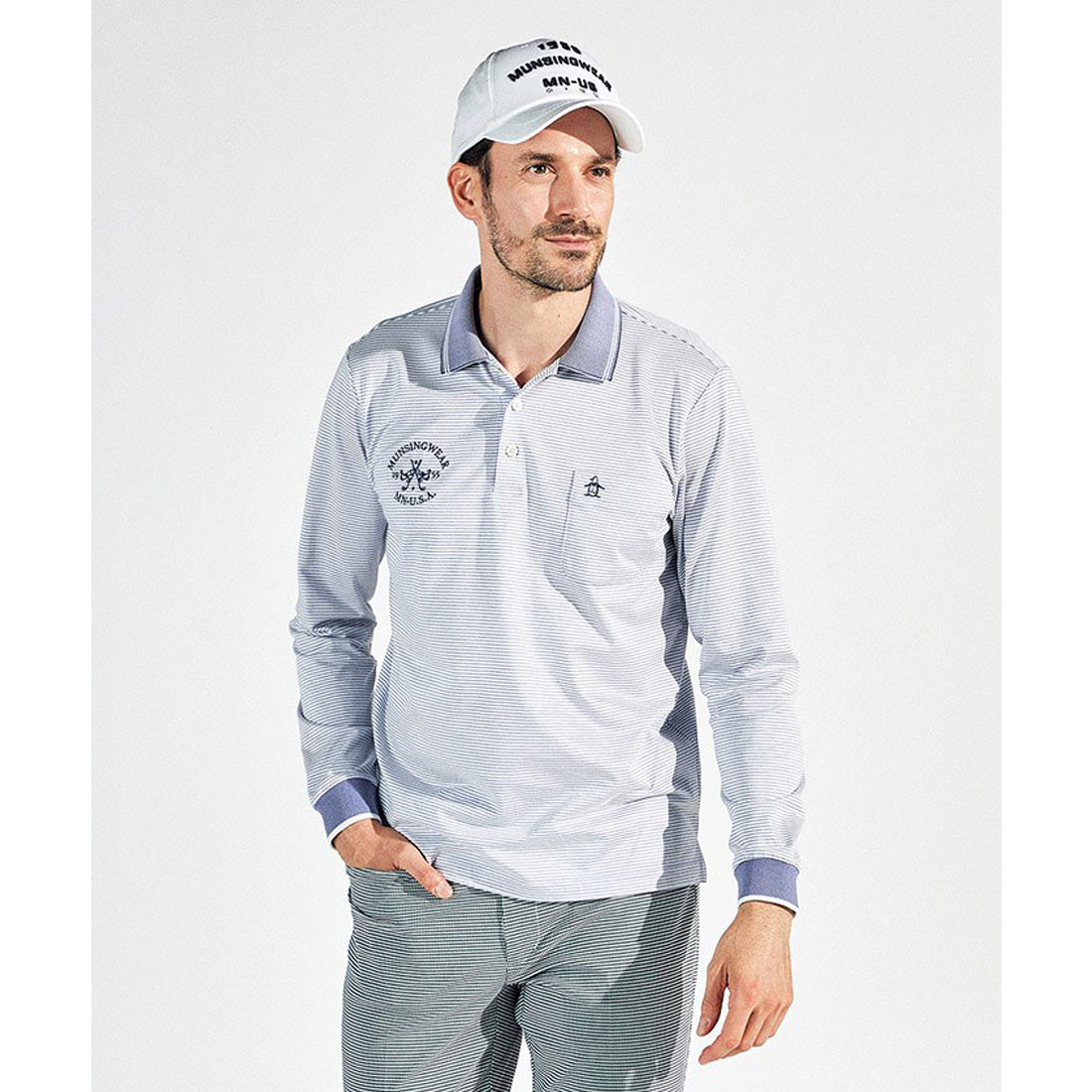 Munsingwear(ings) 吸汗速乾ハイゲージバーズボーダー長袖ポロシャツ サックス 3L Munsingwear(ings) 吸汗速乾ハイゲージバーズボーダー長袖ポロシャツ サックス 3L