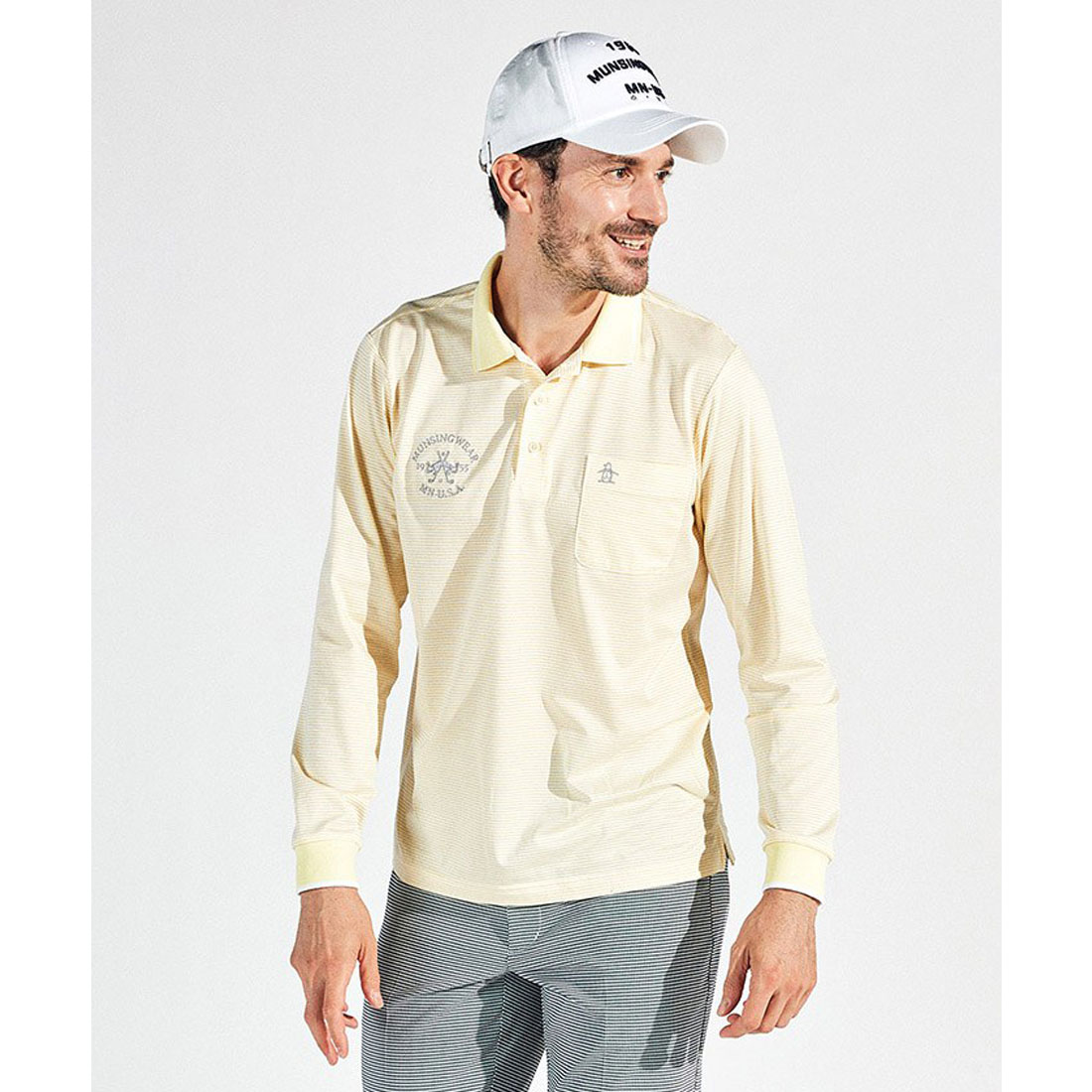 Munsingwear(ings) 吸汗速乾ハイゲージバーズボーダー長袖ポロシャツ イエロー LL Munsingwear(ings) 吸汗速乾ハイゲージバーズボーダー長袖ポロシャツ イエロー LL