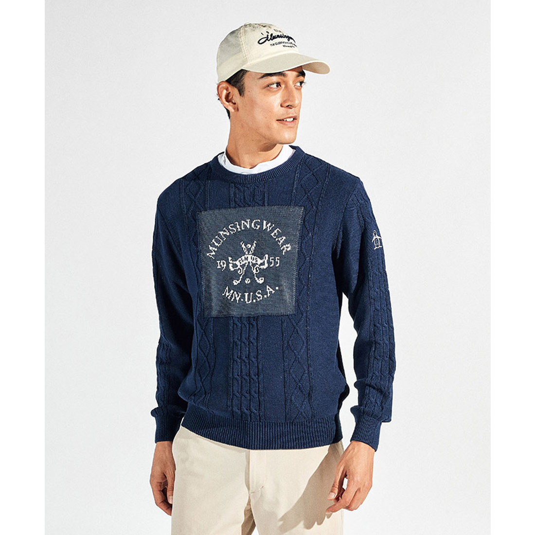 Munsingwear(ings) グラフィックインターシャセーター ネイビー M Munsingwear(ings) グラフィックインターシャセーター ネイビー M