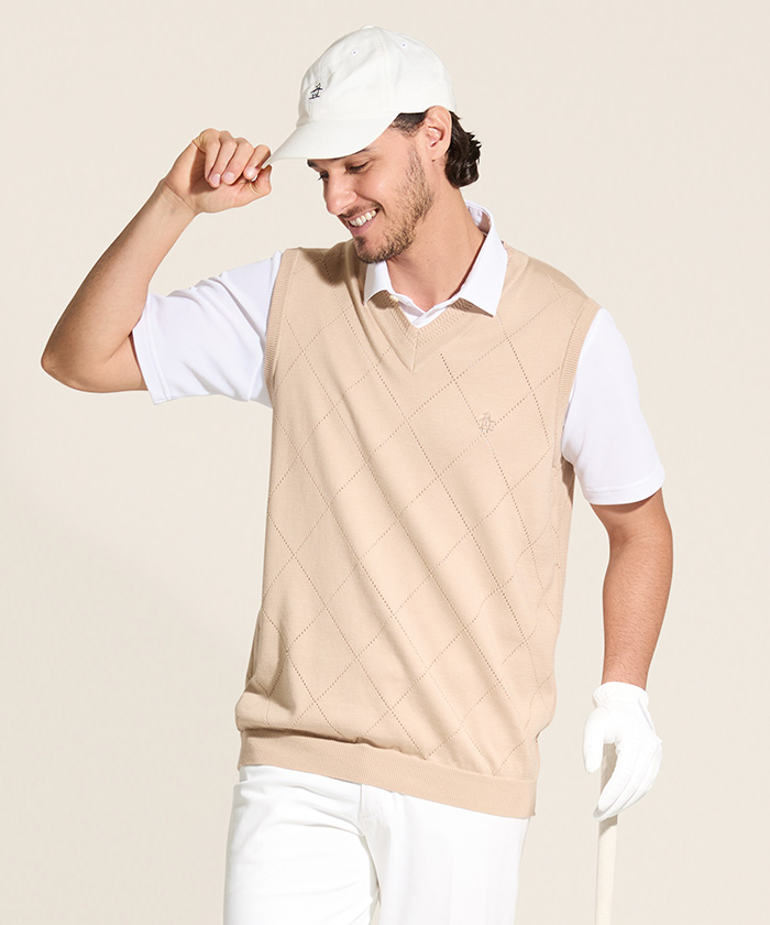 Munsingwear(ings) アメリカン・シーアイランドコットンメッシュ柄Vネックベスト ベージュ L Munsingwear(ings) アメリカン・シーアイランドコットンメッシュ柄Vネックベスト ベージュ L