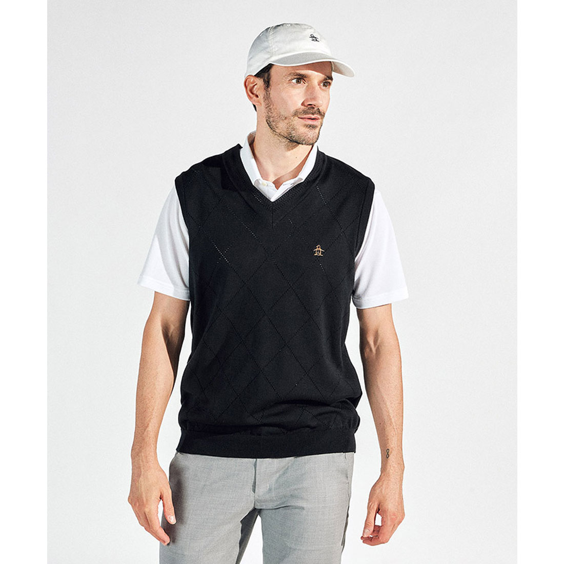 Munsingwear(ings) アメリカン・シーアイランドコットンメッシュ柄Vネックベスト ブラック M Munsingwear(ings) アメリカン・シーアイランドコットンメッシュ柄Vネックベスト ブラック M