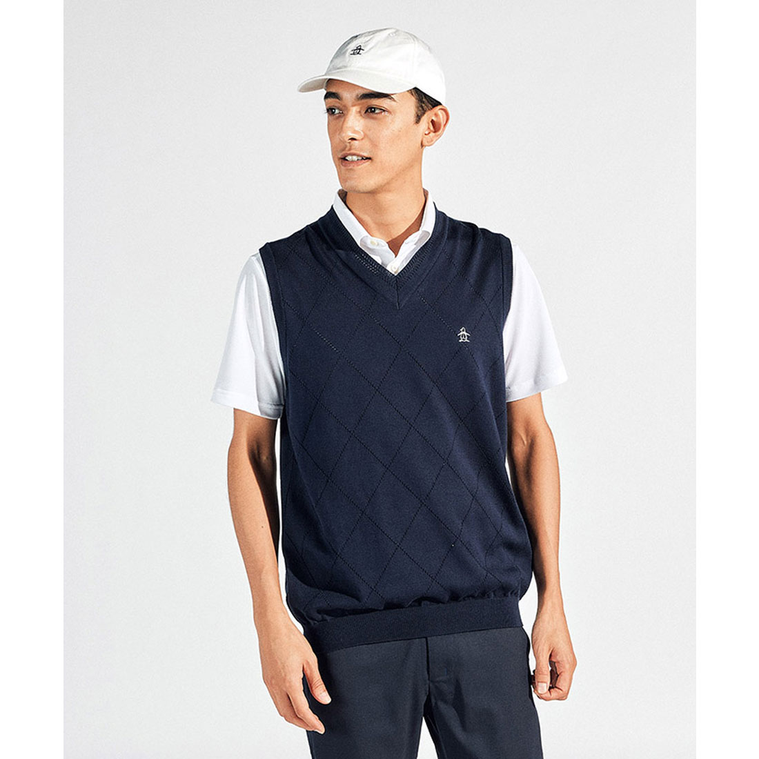 Munsingwear(ings) アメリカン・シーアイランドコットンメッシュ柄Vネックベスト ネイビー M Munsingwear(ings) アメリカン・シーアイランドコットンメッシュ柄Vネックベスト ネイビー M