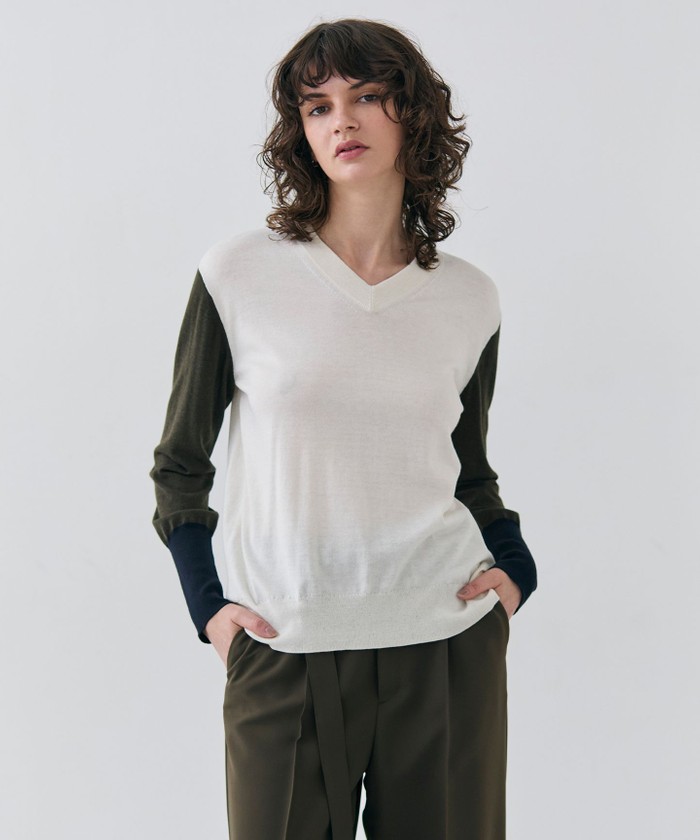 BEIGE 【洗える】BURNET / カラーミックスVネックトップス ECRU×KHAKI×NAVY 4 BEIGE 【洗える】BURNET / カラーミックスVネックトップス ECRU×KHAKI×NAVY 4