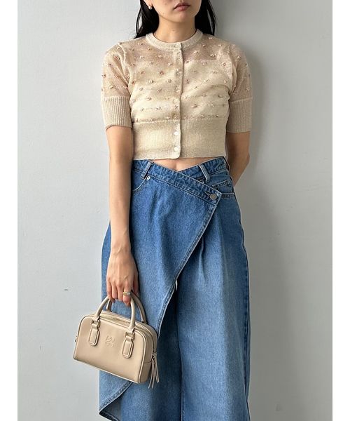 sahara カーディガン　ブルー quaranciel:〈手洗い可能〉シルク ミックス ギャザー ニット