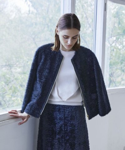 フリンジジャカード ノーカラーショートコート