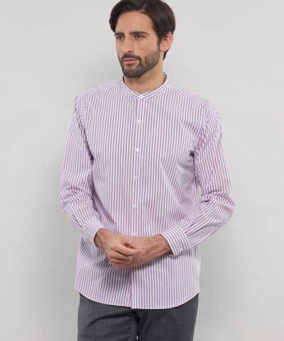 ストレッチタイプライターストライプバンドカラーシャツ