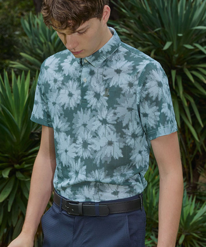 LANVINSPORT フラワープリント半袖シャツ【吸汗速乾/通気】 カーキ 38