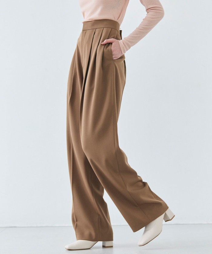 BEIGE 【洗える・BAILA 4月号掲載】STEVIA / ウール混タックワイドパンツ BROWN 2 BEIGE 【洗える・BAILA 4月号掲載】STEVIA / ウール混タックワイドパンツ BROWN 2