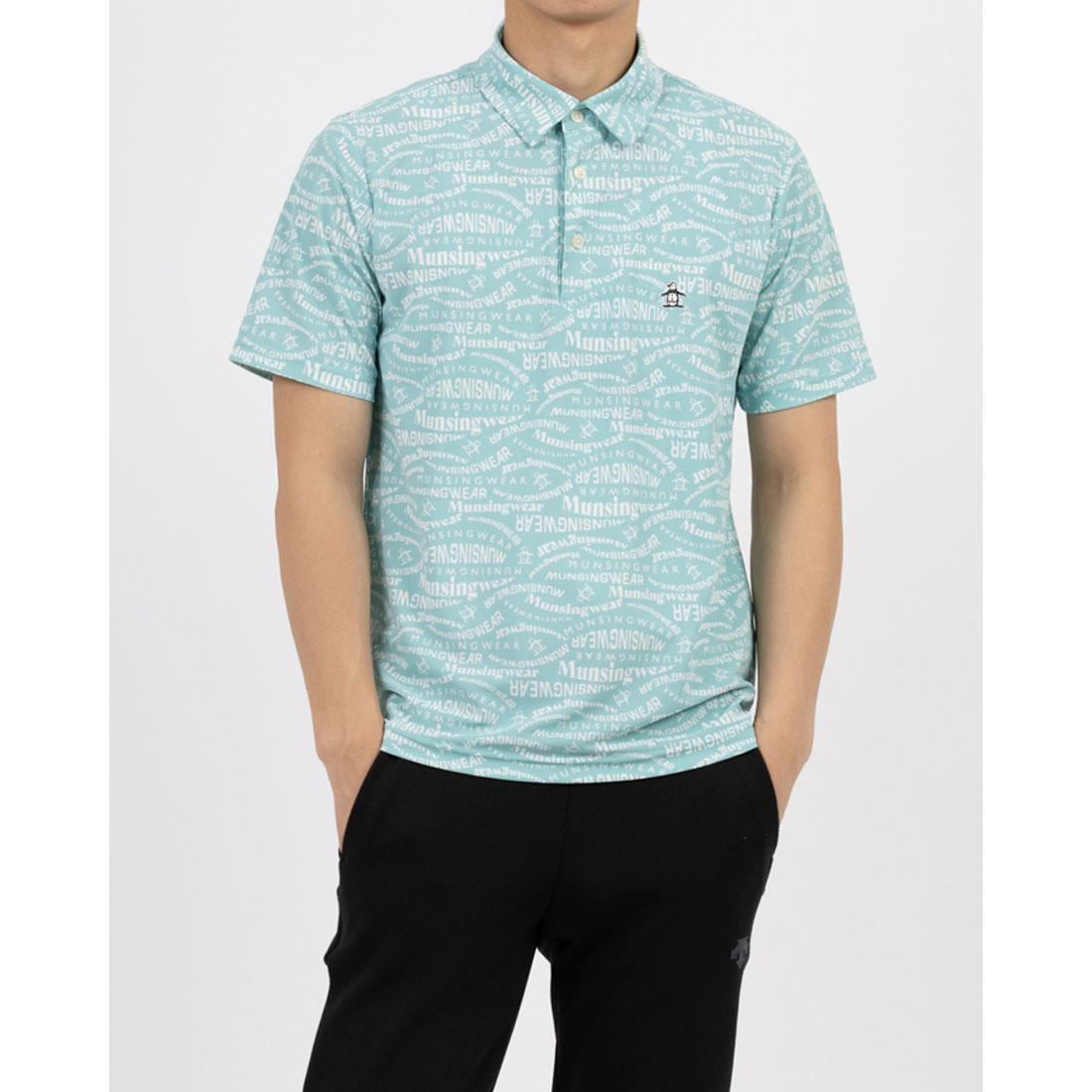 Munsingwear(ings) サンスクリーンNIRマルチロゴ総柄プリント 半袖ポロシャツ エメラルド LL Munsingwear(ings) サンスクリーンNIRマルチロゴ総柄プリント 半袖ポロシャツ エメラルド LL