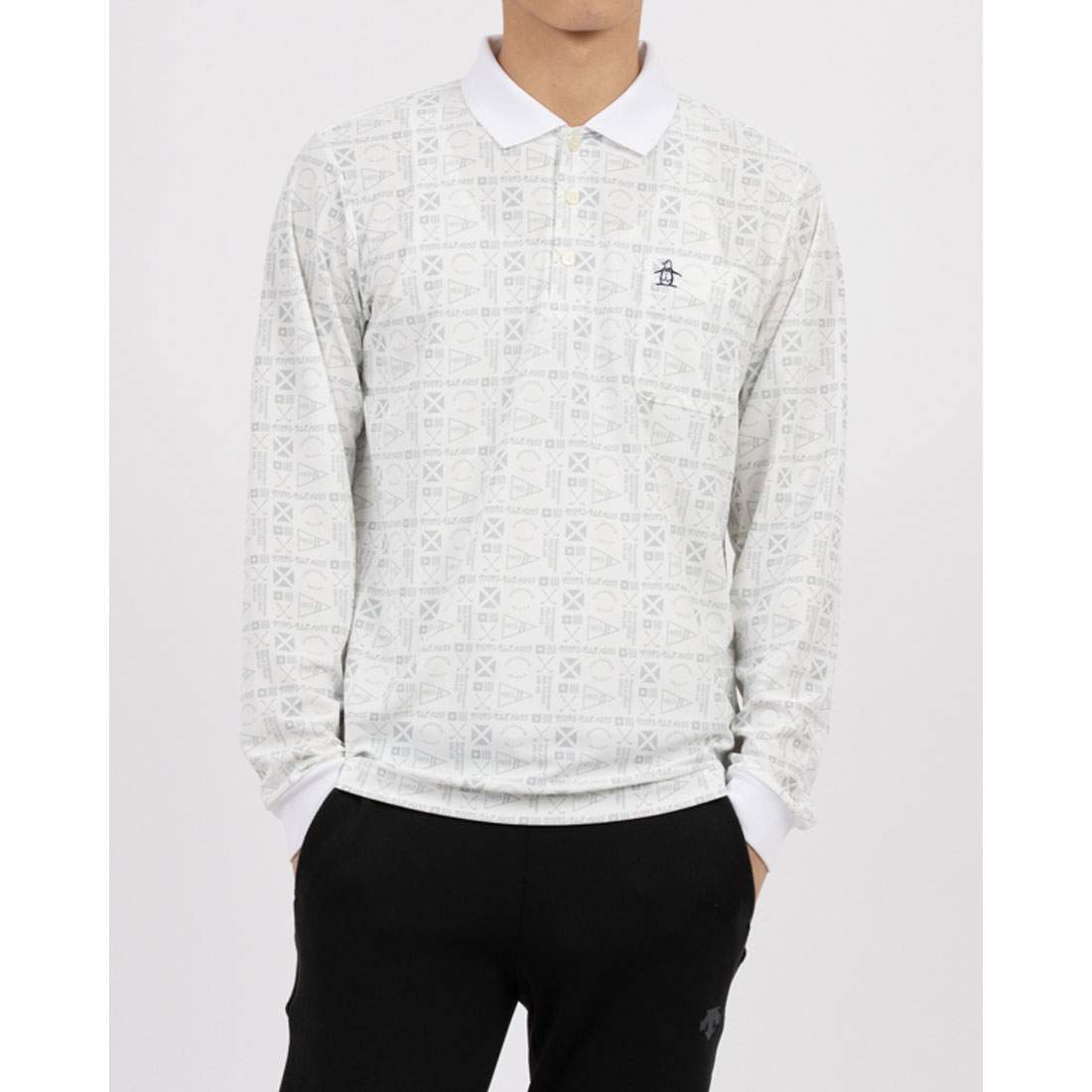 Munsingwear(ings) サンスクリーンNIRグラフィック総柄プリント長袖ポロシャツ ホワイト 3L Munsingwear(ings) サンスクリーンNIRグラフィック総柄プリント長袖ポロシャツ ホワイト 3L