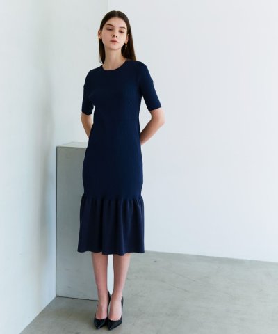 メタルライクヤーンニット ペプラムヘムドレス