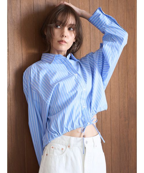 【美品・新品】Mila Owen ブルー ストライプ ブラウス シャツカーブルーズシルエットワイドシャツ（シャツ/ブラウス
