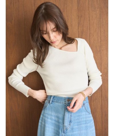 アシメネックリブニットトップス【ウォッシャブル】