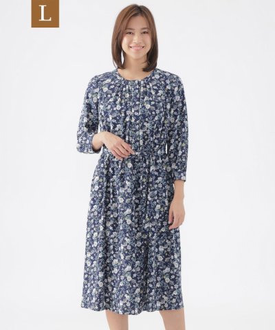 【L】【ウォッシャブル】ラインフラワープリントワンピース